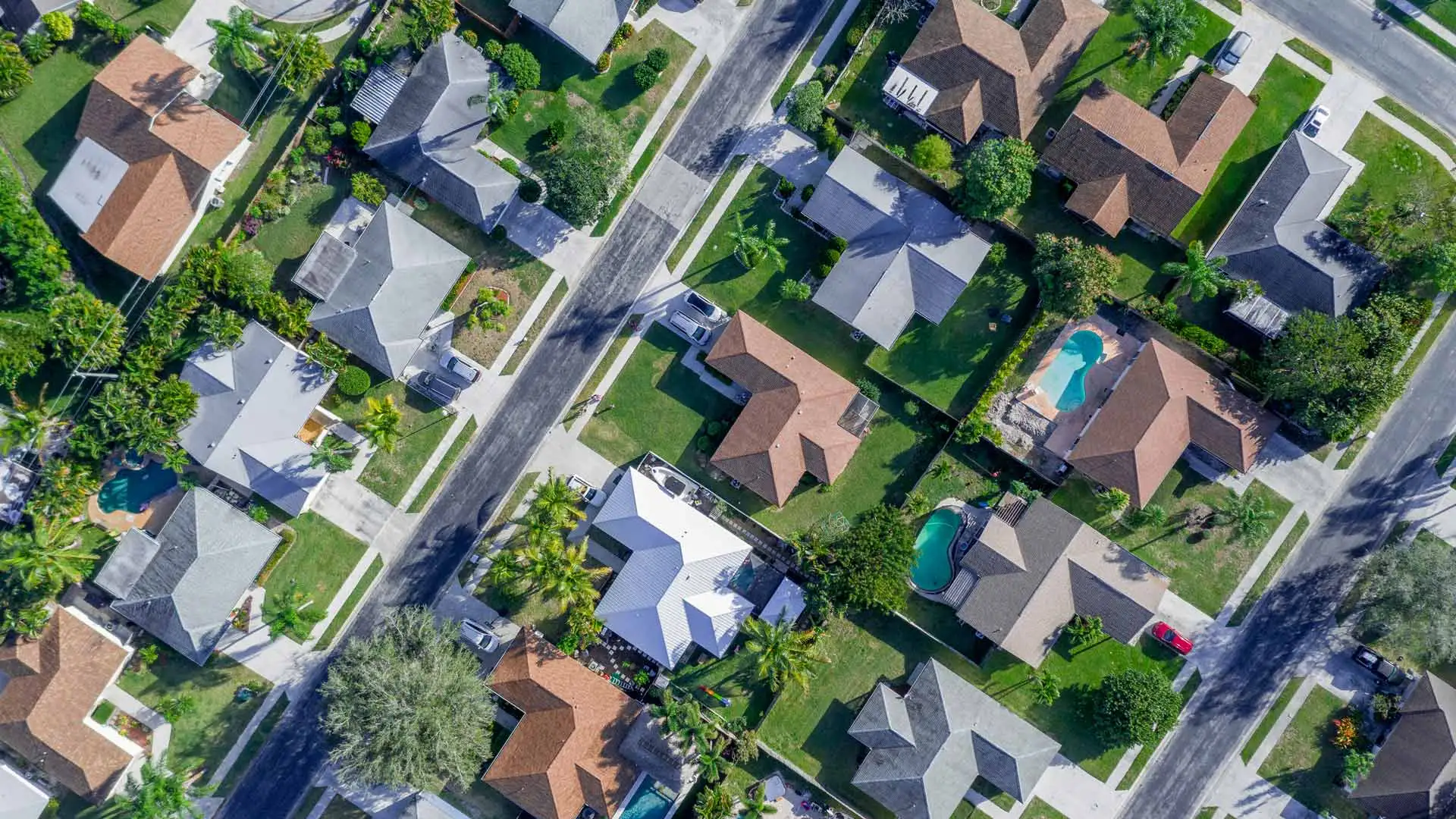 Aerial view of a tropical neighborhood in Santa Barbara, CA.
