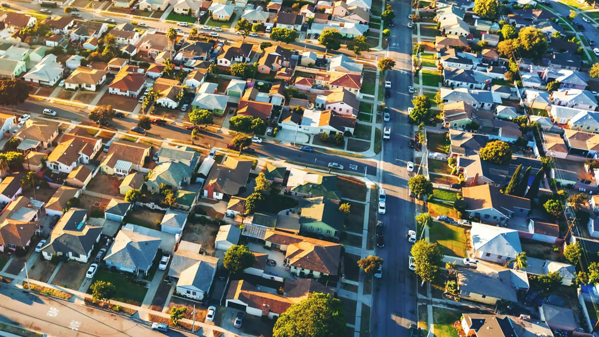 Aerial view of a neighborhood in Los Angeles County, CA.