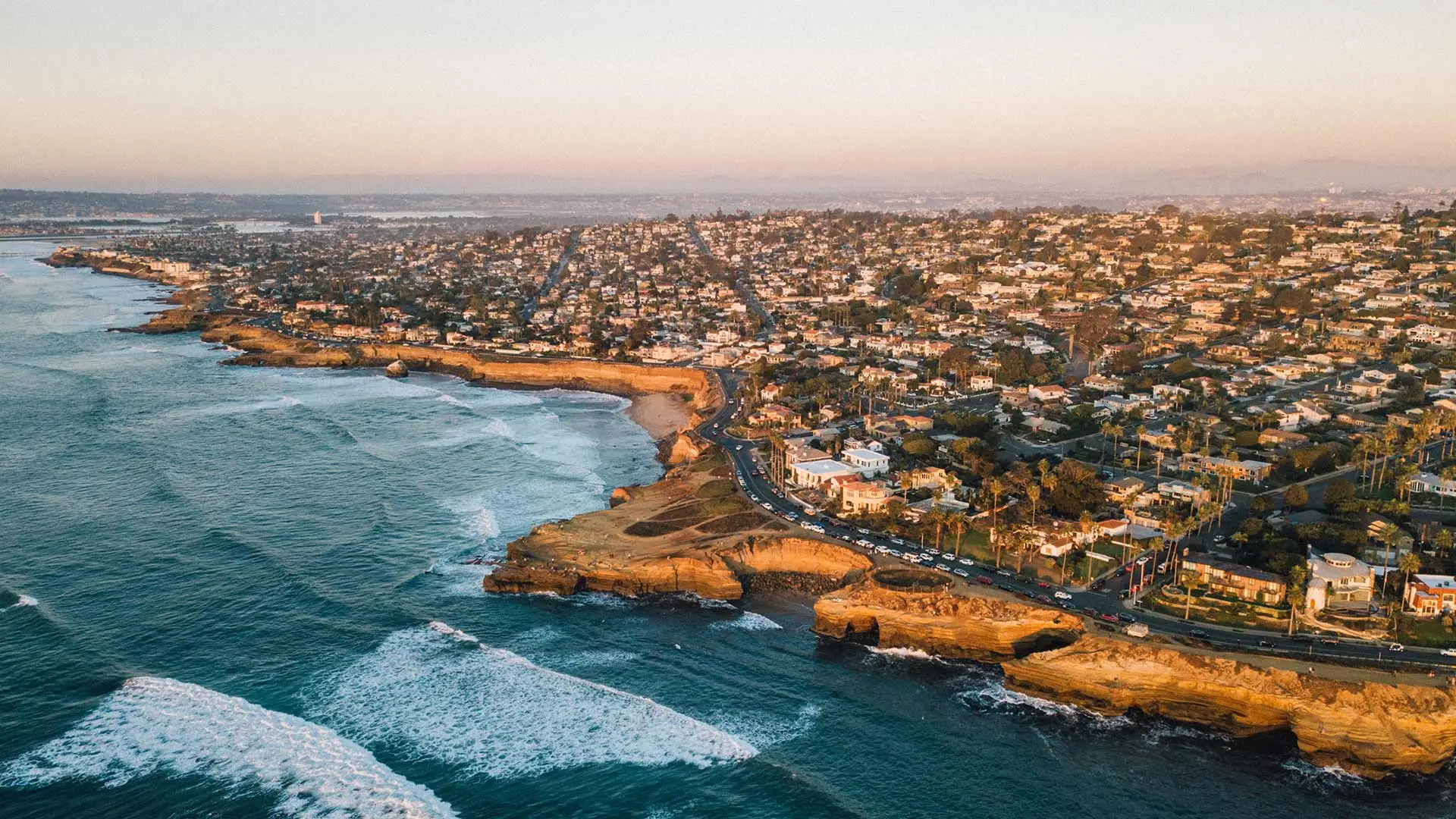 Aerial view of San Diego, CA at sunset.