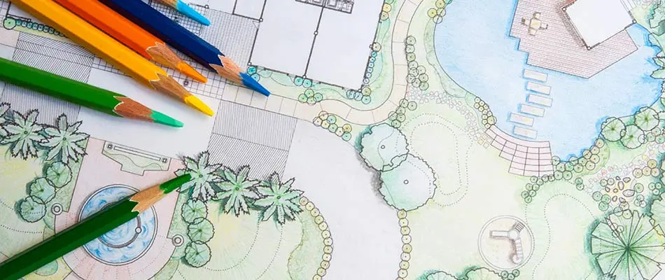 2D landscape design sketch and colored pencils showing a project for a La Jolla, CA home.