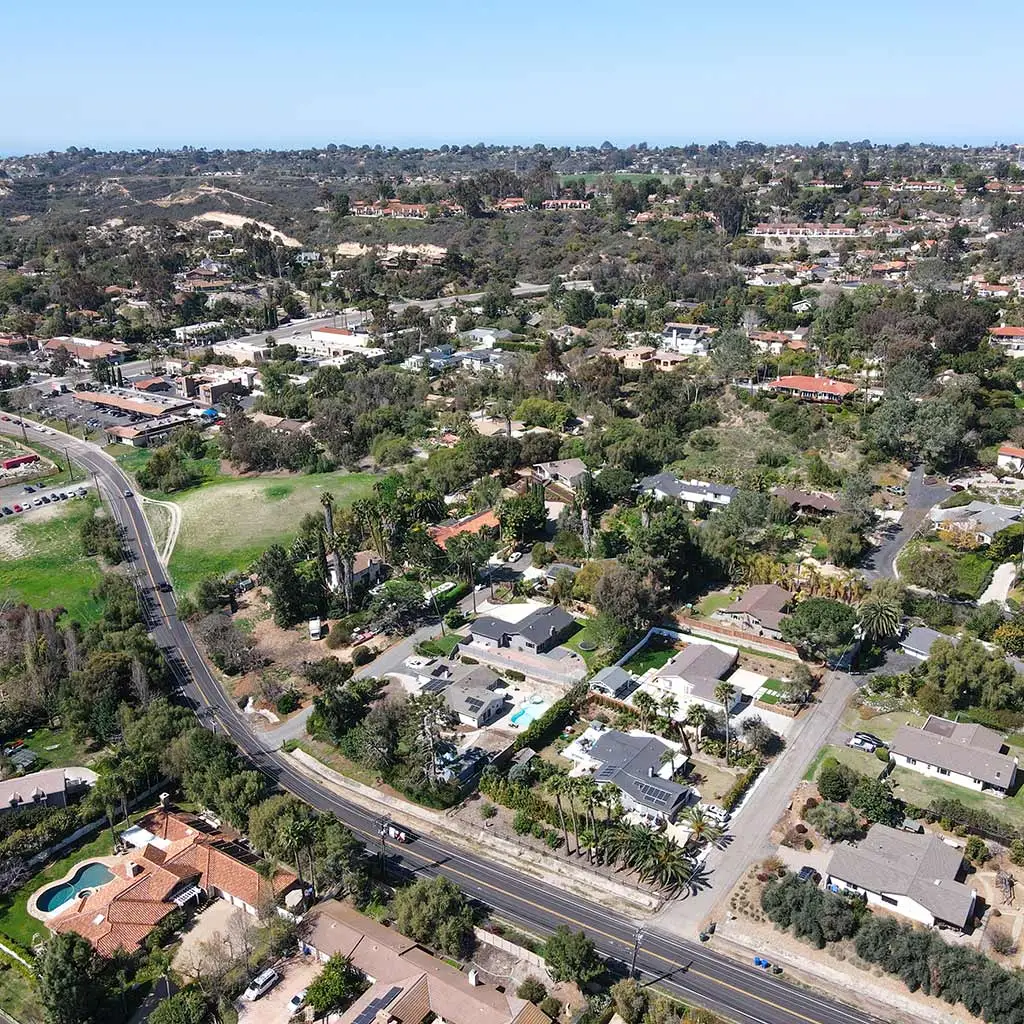 Aerial photo of a luxury neighborhood in Rancho Santa Fe, California.