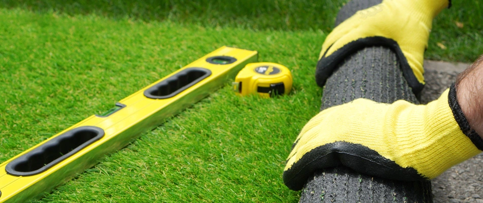 Gloved professional installing new artificial turf in landscape in Santa Barbara County, CA.