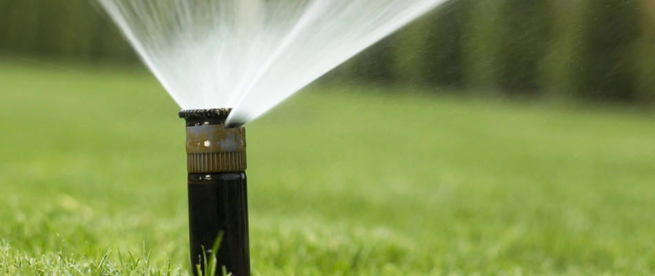 Lawn being watered by an installed sprinkler head in San Diego County. CA.