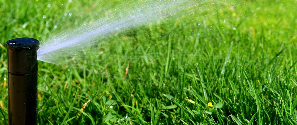 An irrigation sprinkler head in a lawn watering landscape in Orange County, CA.