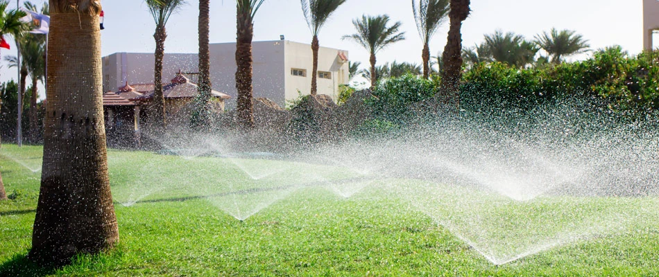 Irrigation systems throughout landscape watering lawn in Ventura, CA.