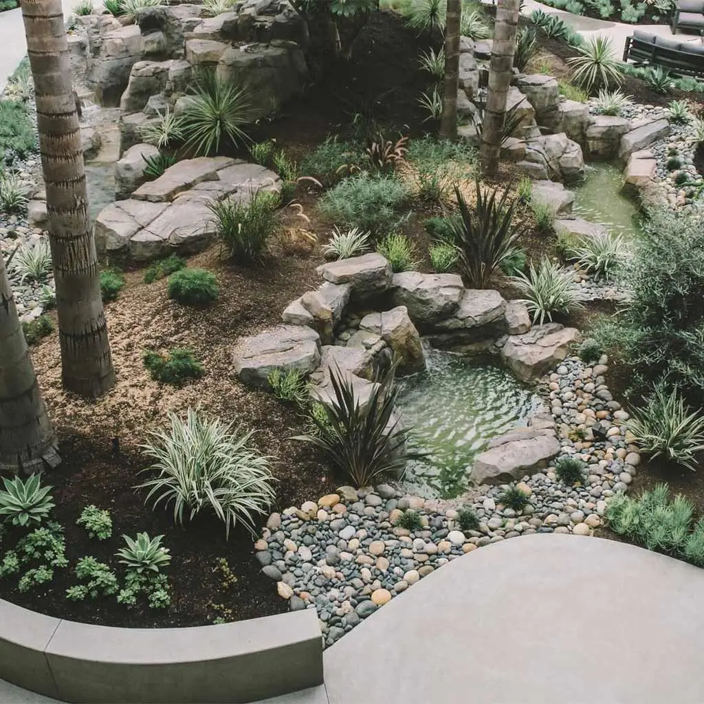 Del Mar, CA property with a landscape bed and stone water features.