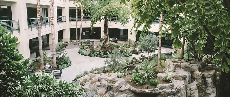 Tropical landscaping around an apartment building in Rancho Santa Fe, CA.